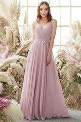 Blush V Neck Long Chiffon Bridesmaid Dress