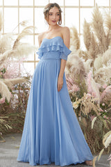 Off The Shoulder Blue Chiffon Bridesmaid Dress