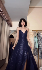 Navy Blue A Line Spaghetti Straps Sequin Formal Dresses Party Dress with Slit