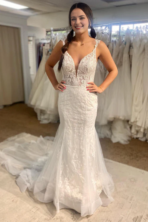 Aimishang Elegant Tulle Mermaid Spaghetti Straps White Long Wedding Dress with Appliques
