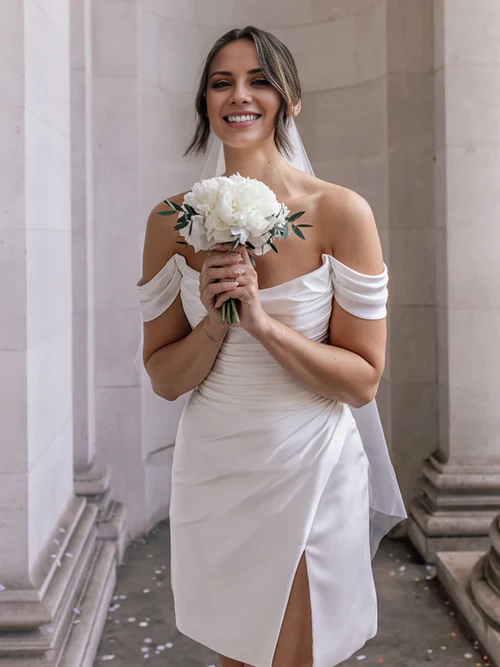 Aimishang Elegant Off-the-Shoulder Short Satin Cowl Neck Simple Formal Wedding Dress With Slit