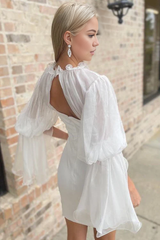 Aimishang Elegant Sheath White Illusion Neck Long Sleeve Short Wedding Dress