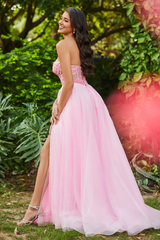Aimishang Elegant Evening Dress Slit Sweetheart Corset Top Beaded Applique Tulle Dress