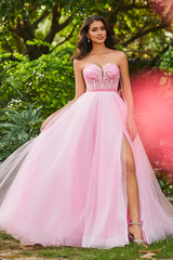 Aimishang Elegant Evening Dress Slit Sweetheart Corset Top Beaded Applique Tulle Dress