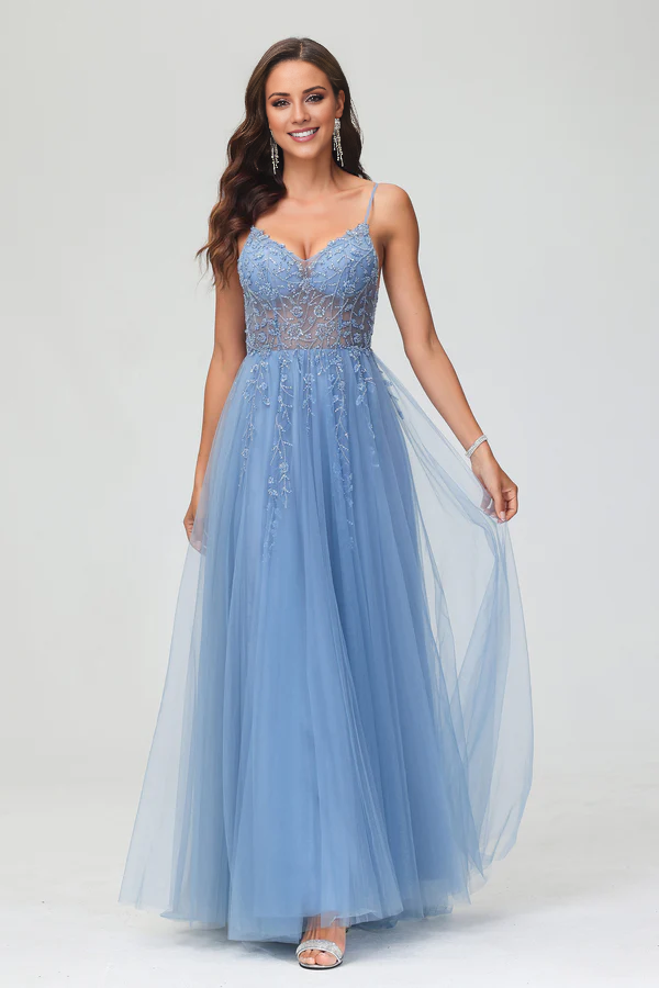 Aimishang Fashion Prom Dresses Spaghetti Straps A-Line Tulle Sweep Train Dress With Slit Evening Dress