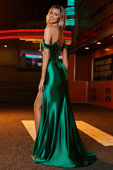 Aimishang Elegant Prom Dresses Off Shoulder Pleated Sweep Train Gown With Slit Evening Dress