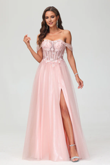 Aimishang Elegant Applique Tulle A-Line Evening Dress Floor-Length Princess Dress With Slit