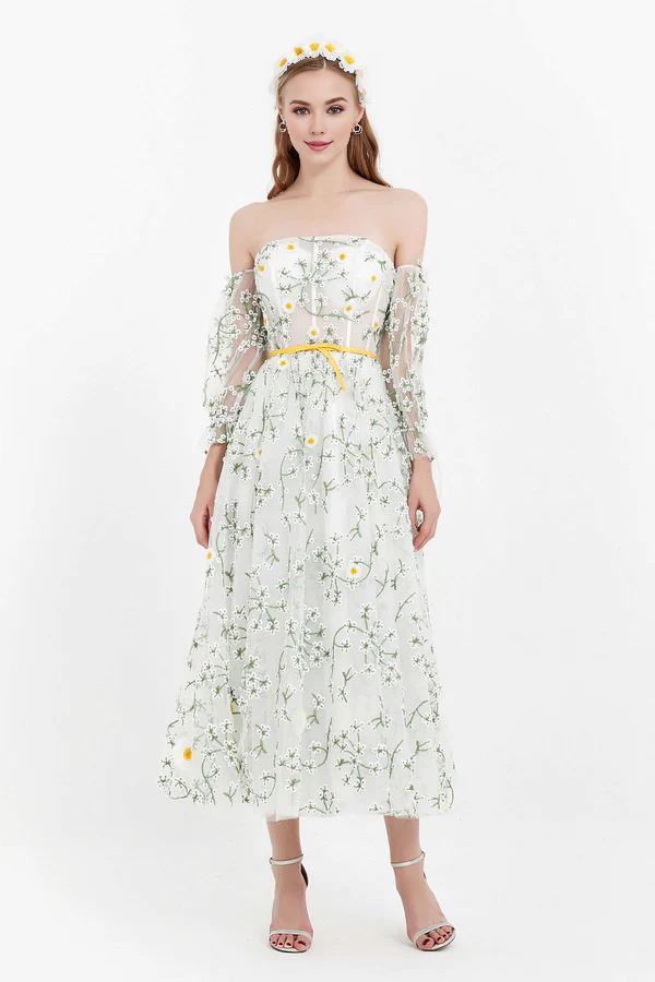 Aimishang Fashion Elegant Evening Dress Puffy Sleeves Prom Dresses Off Shoulder Floral Lace Dress