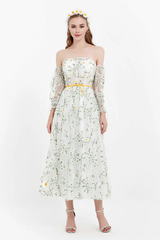 Aimishang Fashion Elegant Evening Dress Puffy Sleeves Prom Dresses Off Shoulder Floral Lace Dress