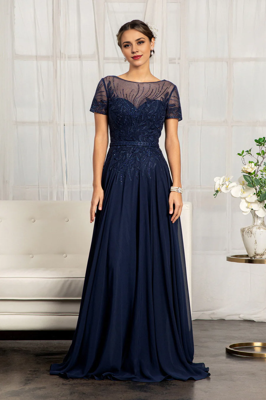 Aimishang Elegant Evening Dress Embroidered Short Sleeve Gown Prom Dresses