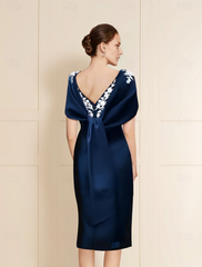 Aimishang Elegant Sheath / Column Mother of the Bride Dress Elegant Simple Off Shoulder Tea Length Stretch Fabric Short Sleeve with Bow(s) Pearls Embroidery