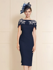 Aimishang Elegant Sheath / Column Mother of the Bride Dress Elegant Simple Off Shoulder Tea Length Stretch Fabric Short Sleeve with Bow(s) Pearls Embroidery