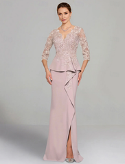 Aimishang Sheath / Column Dress Mother of the Bride Dress Elegant V Neck Floor Length Stretch Chiffon 3/4 Length Sleeve with Lace Pleats