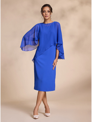 Aimishang Elegant Blue Chiffon Causal Round Sleeve 2 Piece Midi Mother of the Bride Dress