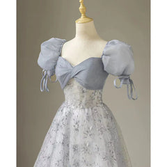 Aimishang Elegant Formal Women's Dresses Cute Floral Printed Long Prom Dress A Line Puff Sleeves Blue Party Gown