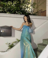 Aimishang Elegant Gowns Evening Dresses Strapless Blue Long Prom Dress Evening Party Dress