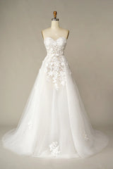 White A Line Strapless Train Dress Wedding Dress with Appliques