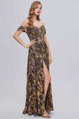 Glitter Brown Off the Shoulder Formal Dress with Slit