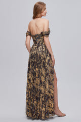 Glitter Brown Off the Shoulder Formal Dress with Slit