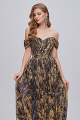 Glitter Brown Off the Shoulder Formal Dress with Slit