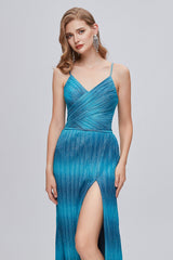 Ombre Blue Spaghetti Straps Ruched Formal Dress with Slit