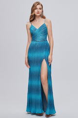 Ombre Blue Spaghetti Straps Ruched Formal Dress with Slit