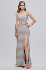 Ombre Blue Spaghetti Straps Ruched Formal Dress with Slit