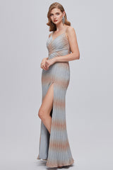 Ombre Grey Ruched Long Prom Dress with Slit