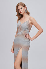 Ombre Grey Ruched Long Prom Dress with Slit