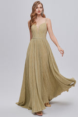Golden Ruched A-Line Long Prom Dress
