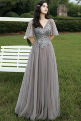 Grey V Neck Prom Dress