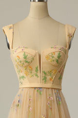 A Line Sweetheart Champagne Long Prom Dress with Embroidery