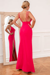 Sheath Spaghetti Straps Fuchsia Long Prom Dress with Split Front
