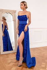 Royal Blue Sequins Strapless Prom Dress