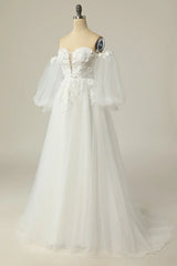 A Line Off Shoulder Ivory Long sleeved Wedding Dress