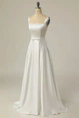 Minimalist A-line square neck off shoulder white and floor length off back wedding dress