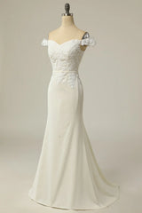 Decal fish tail sleeveless off shoulder white and ground length off back wedding dress