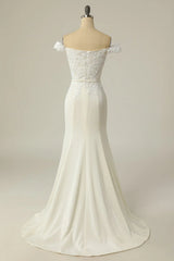 Decal fish tail sleeveless off shoulder white and ground length off back wedding dress