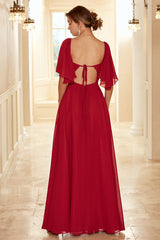Burgundy Open Back Boho Bridesmaid Dress with Ruffles
