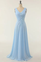 V-neck blue ruffled bridesmaid dress