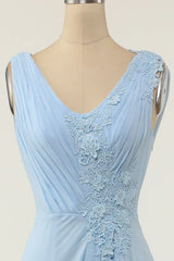 V-neck blue ruffled bridesmaid dress