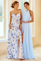 Spaghetti Straps Blue Floral Print Bridesmaid Dress