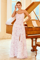 A Line Spaghetti Straps Purple Flower Printed Bridesmaid Dress