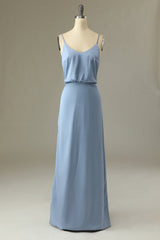 Spaghetti Straps Grey Blue Long Bridesmaid Dress