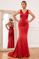 Mermaid V Neck Rust Red Long Bridesmaid Dress