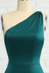 Fish tail one shoulder deep green long bridesmaid dress