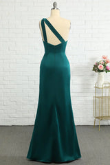 Fish tail one shoulder deep green long bridesmaid dress