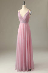 A Line Spaghetti Straps Grey Pink Bridesmaid Dress