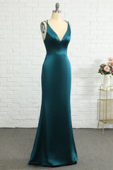 Peacock Blue Fish Tail Open Back Long Bridesmaid Dress