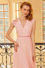 Blush V Neck Lace Bridesmaid Dress